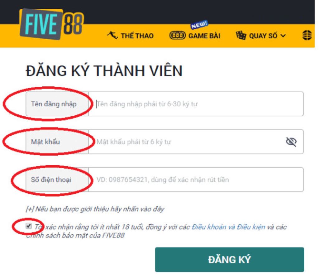 Điền đầy đủ thông tin đăng ký theo yêu cầu từ nhà cái Five88