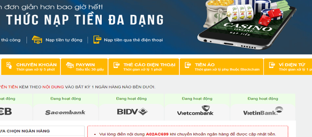 Những hình thức nạp tiền hiện đang được áp dụng tại đây