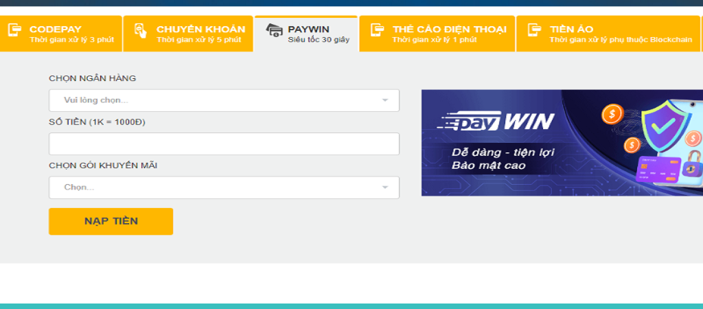 Nạp tiền thông qua ứng dụng thanh toán Paywin