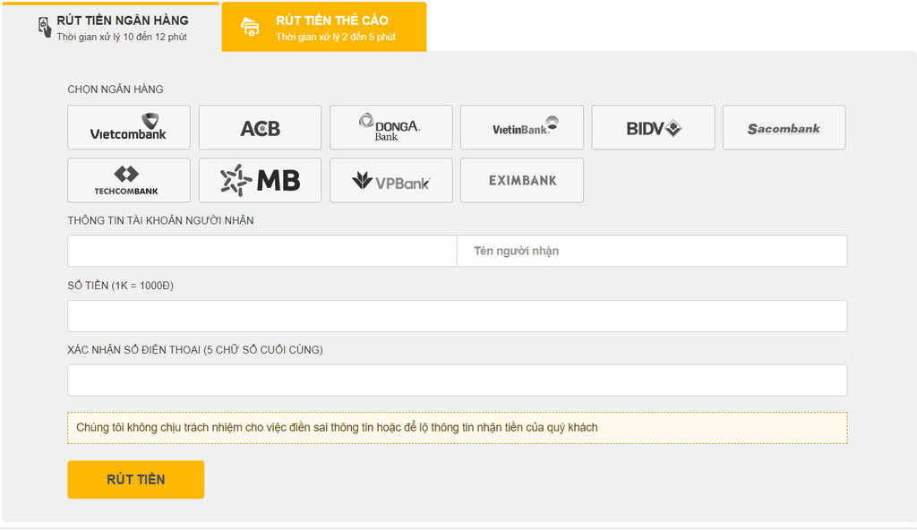 Thực hiện giao dịch rút tiền từ tài khoản ngân hàng